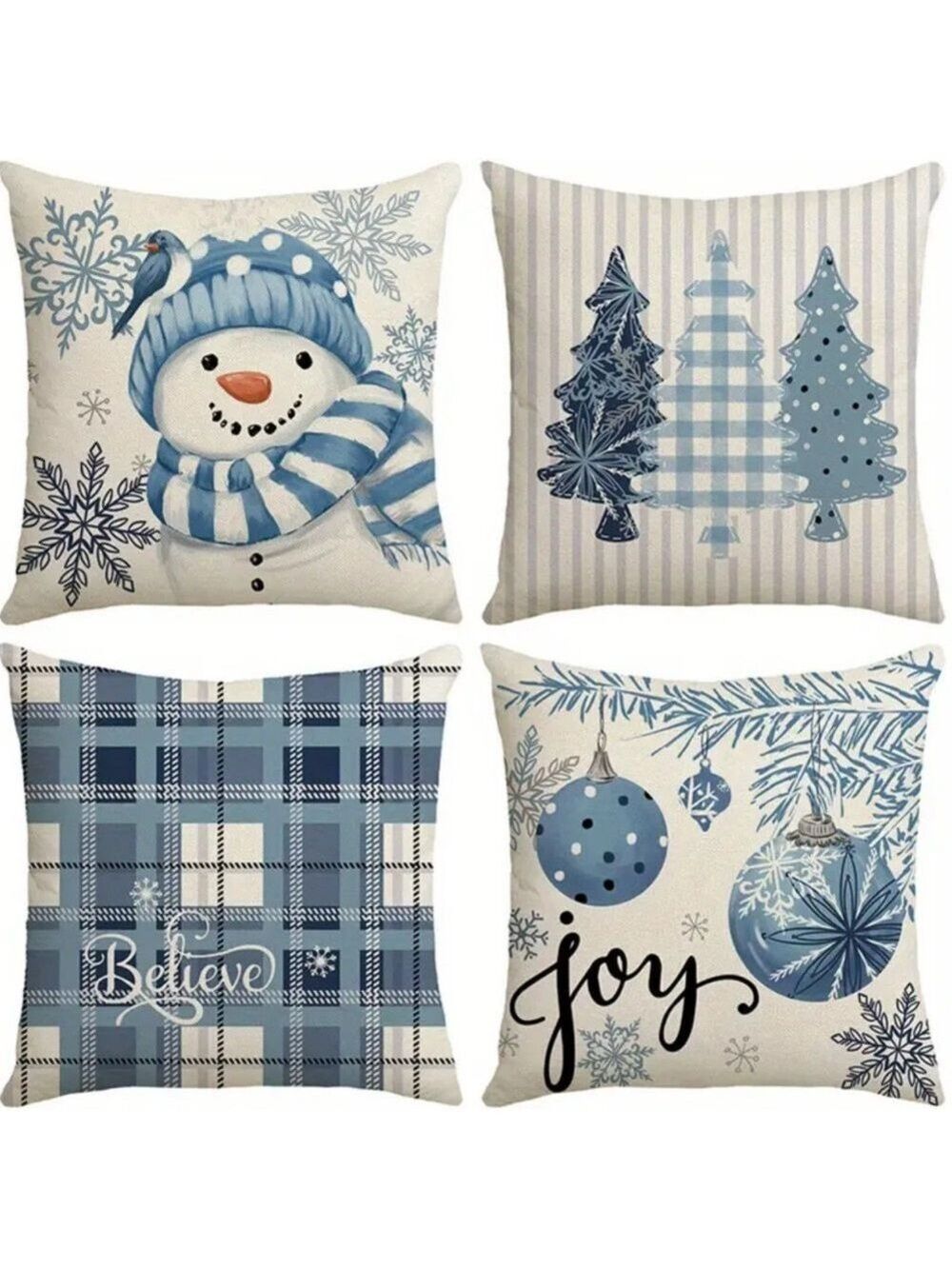 Set of 4 Blue and White Holiday Pillow Covers